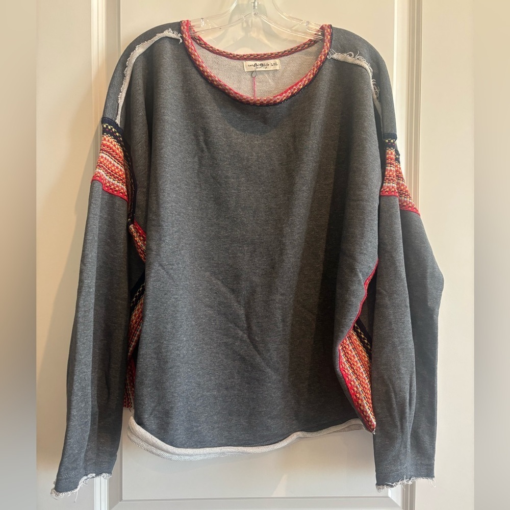 Natural Life Boho Patchwork Sweatshirt L/XL NWT Gray Oversized Top